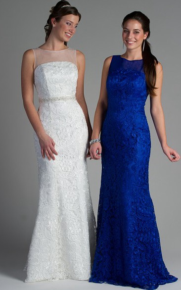 High Illusion Neck Sleeveless Sheath Lace Long Bridesmaid Dress