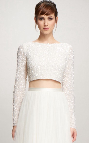 A-Line Long-Sleeve High Neck Floor-Length Tulle Wedding Dress With Sequins And V Back