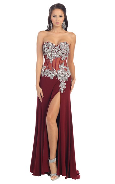 A-Line Sweetheart Sleeveless Jersey Illusion Dress With Split Front And Beading