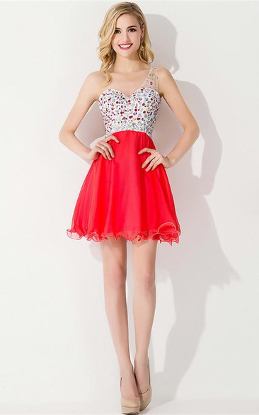 Luxurious One-shoulder Sleeveless Short Cocktail Dress Crystals Chiffon Red Chiffon Homecoming Gown