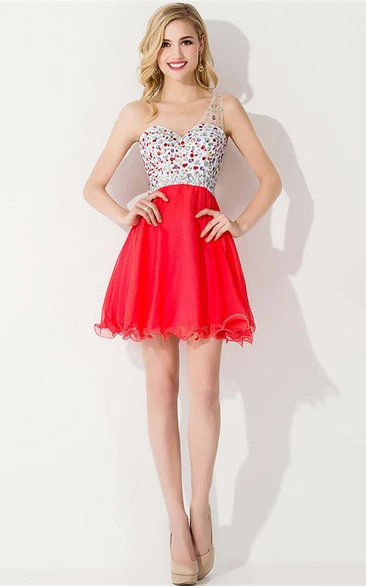 Luxurious One-shoulder Sleeveless Short Cocktail Dress Crystals Chiffon Red Chiffon Homecoming Gown