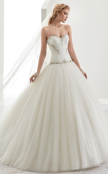 Sweetheart Beaded A-Line Bridal Gown With Pleaded Details And Brush Train