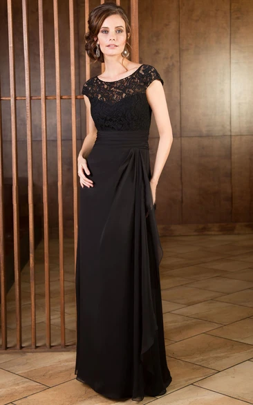 Cap-Sleeved Long Mother Of The Bride Dress With Ruffles And Lace Bodice