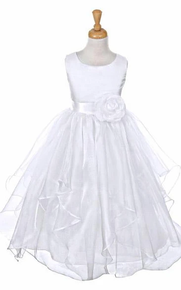 Ankle-Length Tiered Organza&Satin Flower Girl Dress