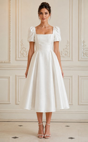 White Square Neck Pearl Tea-Length Wedding Dress with Puff Sleeves