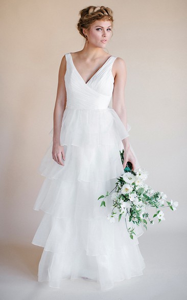 Sleeveless Criss-Cross V-Neck Organza Wedding Dress With Tiers And Backless Design