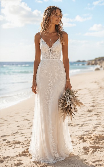 Beach Mermaid Lace Wedding Dress with Spaghetti Straps and Low Back Train
