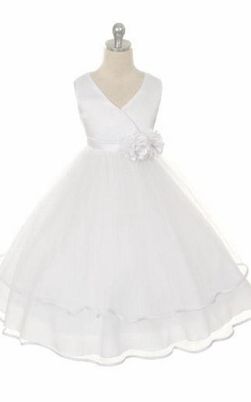 Tea-Length Tiered Tulle&Satin Flower Girl Dress