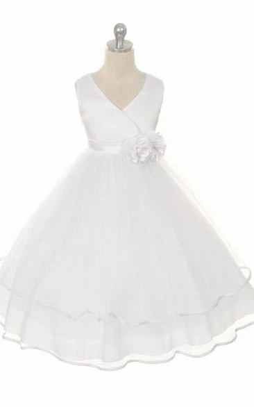 Tea-Length Tiered Tulle&Satin Flower Girl Dress