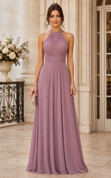 Mauve Halter Chiffon A-Line Bridesmaid Dress
