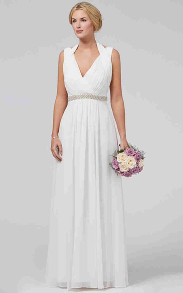 Sheath Haltered Ruched Maxi Sleeveless Chiffon Wedding Dress With Waist Jewellery