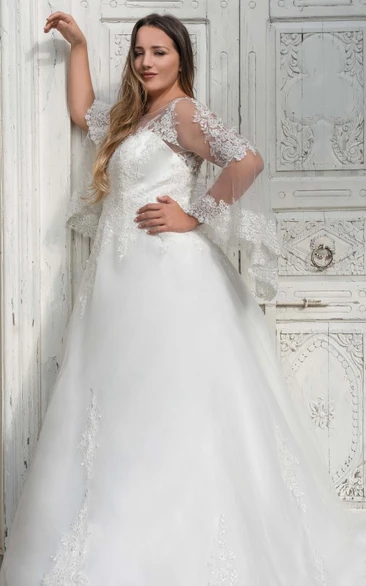 Romantic Lace Bateau Long Sleeve Appliques Princess Wedding Dress With Button
