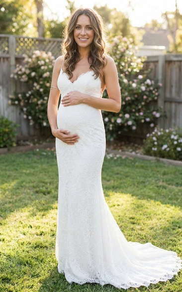 Spaghetti Strap Lace Mermaid Maternity Wedding Dress with Sweep Train