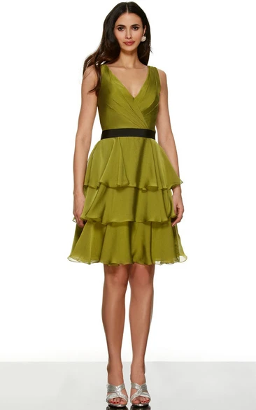 A-Line Short V-Neck Ruched Sleeveless Chiffon Bridesmaid Dress