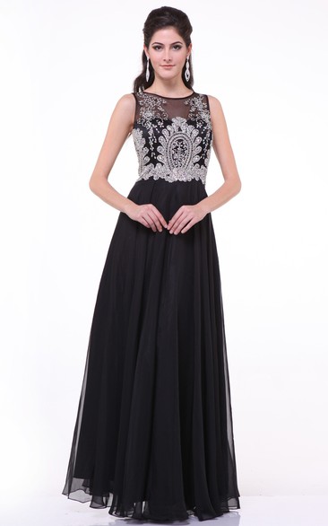 A-Line Jewel-Neck Sleeveless Chiffon Illusion Dress With Beading And Pleats
