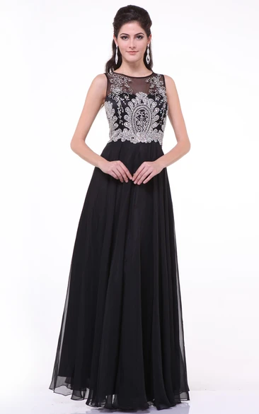 A-Line Jewel-Neck Sleeveless Chiffon Illusion Dress With Beading And Pleats