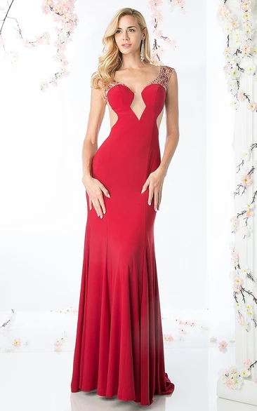 Sheath Maxi V-Neck Cap-Sleeve Jersey Illusion Dress With Beading And Pleats