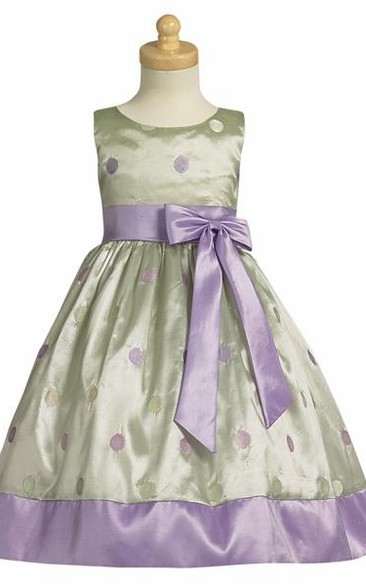 Tea-Length Bowed Sleeveless Taffeta Flower Girl Dress