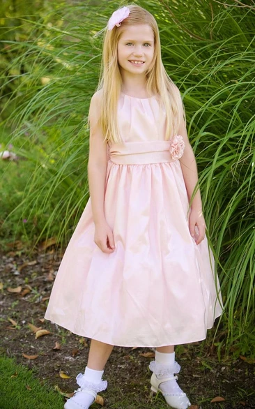 Tea-Length Pleated Taffeta Flower Girl Dress