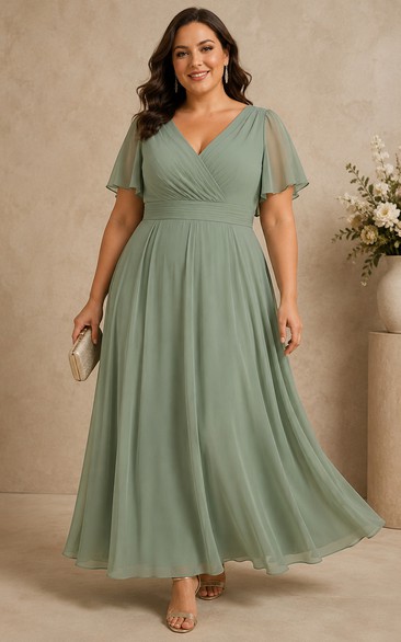 Plus Size Sage V-neck Flutter Sleeve Chiffon Tea-Length Dress