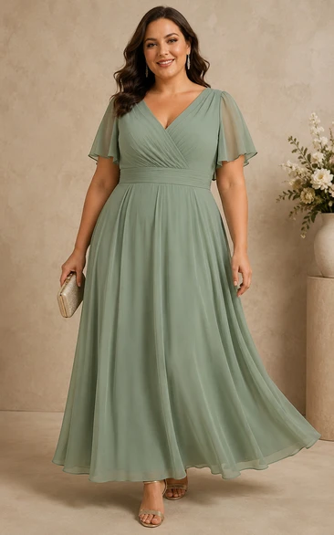 Plus Size Sage V-neck Flutter Sleeve Chiffon Tea-Length Dress