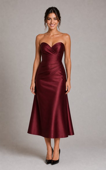 Burgundy Strapless Satin Sweetheart Midi A-Line Dress