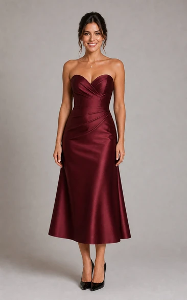 Burgundy Strapless Satin Sweetheart Midi A-Line Dress