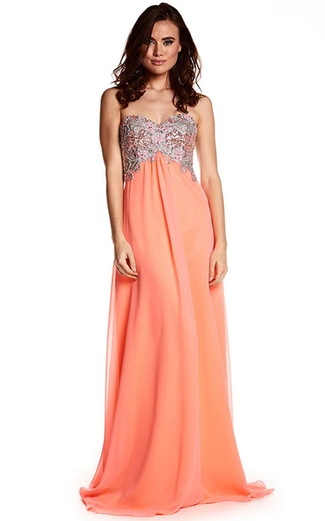 Empire Beaded Strapless Chiffon Prom Dress With Brush Train
