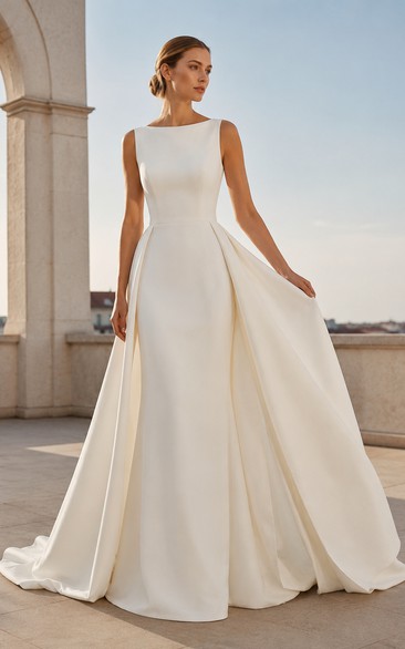 Vestido de novia de satén color marfil con escote cuadrado y corte en A, espalda con escote en V bajo.