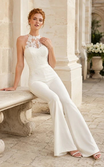 Ivory Halter Lace Back Wedding Jumpsuit