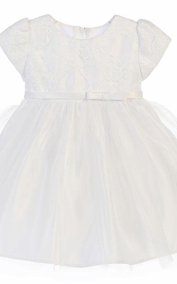 Tea-Length Bowed Lace&Satin Flower Girl Dress