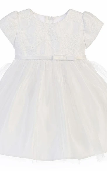 Tea-Length Bowed Lace&Satin Flower Girl Dress
