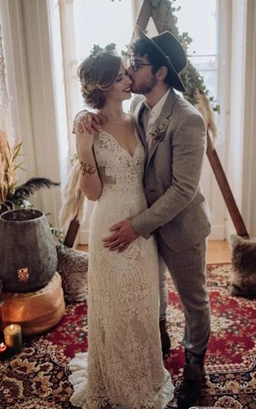 Lace Vintage Sheath Sleeveless Cap Deep-v Back Wedding Dress