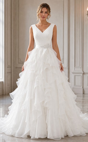 A-Line Cap-Sleeve Long V-Neck Ruched Organza Wedding Dress With Ruffles And Tiers