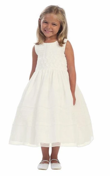 Tea-Length Embroideried Tiered Organza Flower Girl Dress