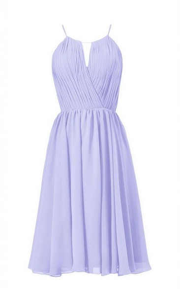 Spaghetti Straps Notched Pleated Chiffon Short Dress
