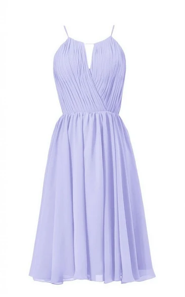 Spaghetti Straps Notched Pleated Chiffon Short Dress