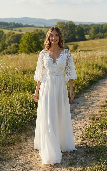 Boho Lace Wedding Dress with V-Neck and Flutter Sleeves