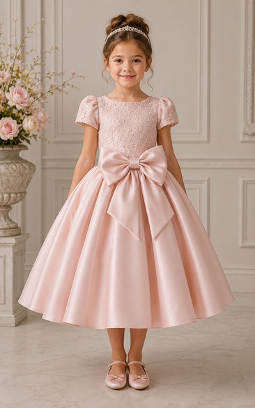 A-line Tea-length Puff Sleeve Satin Flower Girl Dress with Pearl pink satin dress with oversized bow