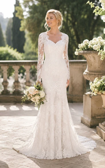 Ivory V-Neck Long Sleeve Lace Mermaid Wedding Dress