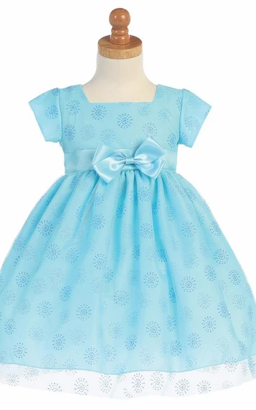 Tea-Length Empire Bowed Cap-Sleeve Tulle&Satin Flower Girl Dress