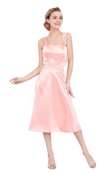 Sleeveless Tea-length Satin Dress With Square Neckline