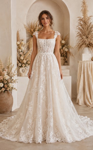 Boho A-Line Wedding Dress Cap Sleeve Square Neck Tulle Lace Applique Floor Length Chapel Train Ivory