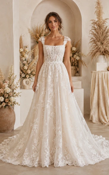 Boho A-Line Wedding Dress Cap Sleeve Square Neck Tulle Lace Applique Floor Length Chapel Train Ivory
