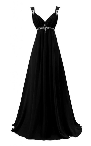 Straps A-line Long Dress With Beadings and Pleats