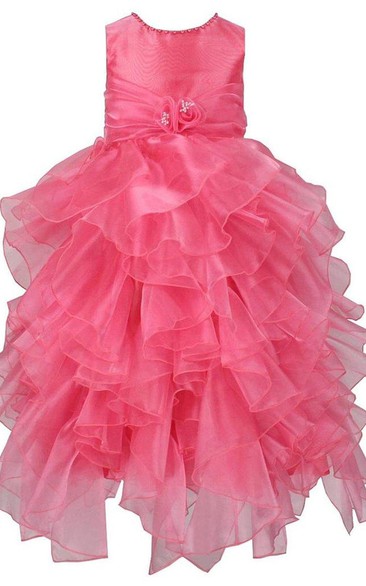 Sleeveless Asymmetrically Ruffled Dress With Beadings