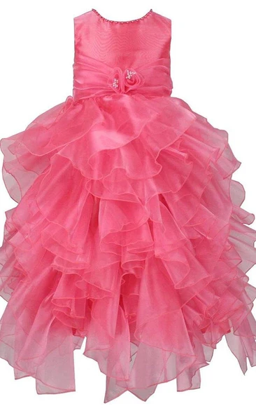 Sleeveless Asymmetrically Ruffled Dress With Beadings