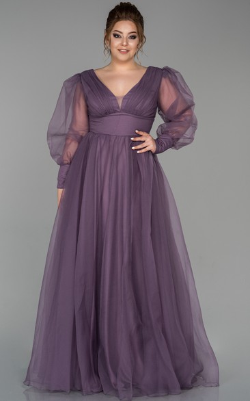 V-neck Puff-sleeve Pleated Empire A-line Evening Plus Size Dress with V Back