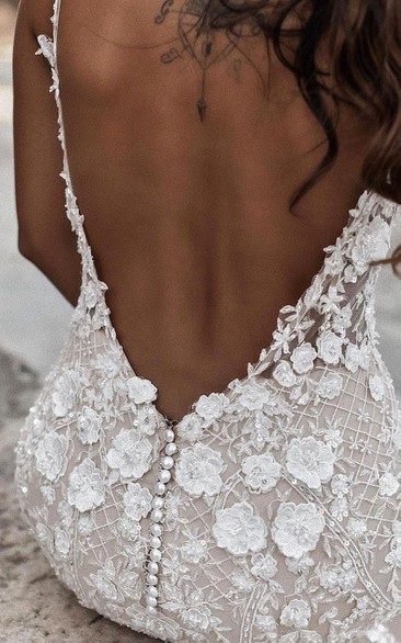 Sexy Floor Length V-Neck Long Sleeves Sheath Mermaid Lace Prom Dress