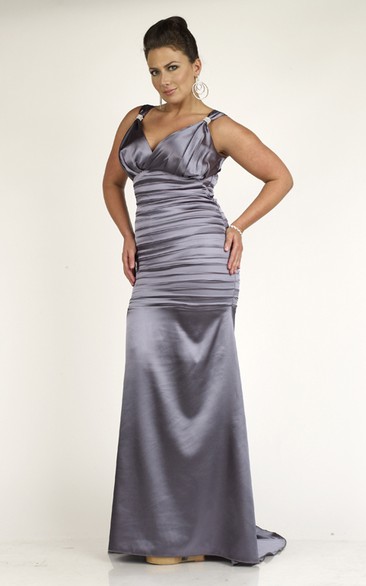 Sheath Floor-length V-neck Sleeveless Satin Ruching Sweep Train Low-V Back Dress